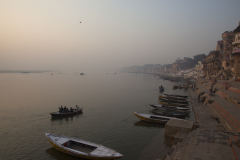 Sunrise on th Ganges river and some of the 87 Ghats in Varanasi, India.