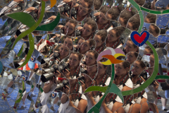 Mirrors reflect multiple images of Stephanie Fousse at the Niki de Saint Phalle Taro Sculputure Garden near Capalbio, Tuscany, Italy.