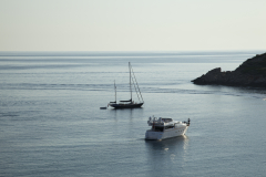Yachts anchored in Saint Elm, Mallorca, Spain at dawn.