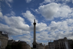 The statue of Admiral Loard Nelson sits atop Nelson's column in Trafalgar Square, London, United Kingdom.