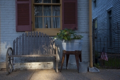 Early morning light and a candle in the window lightup the a home in Saint Genevieve, Missouri. The French Colonial town is a popular destination for tourists along the Mississippi River.
