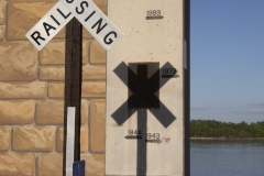 The Mississippi River flows past the flood wall in Cape Girardeau, Missouri. The high water mark occured during the flood of 1993.